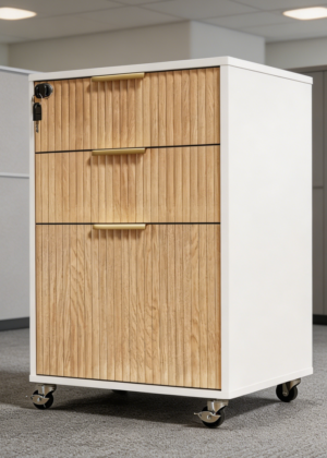 3-Drawer Fluted Wood Mobile File Cabinet Oak