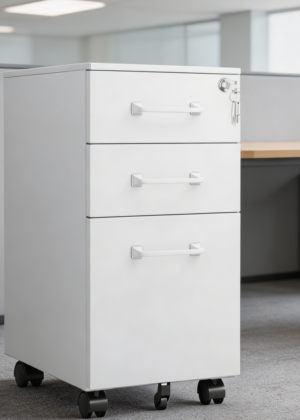 3-Drawer White Metal Mobile File Cabinet with Lock