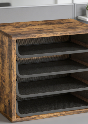 4-Tier Rustic Brown Wood Paper Tray Organizer with File Holder