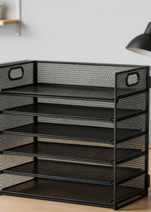 6-Tier Black Mesh Paper Tray Organizer with Handle