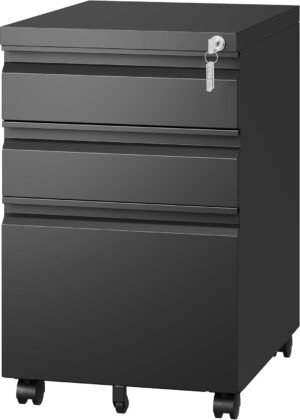3-Drawer Black Metal Mobile File Cabinet Fully Assembled