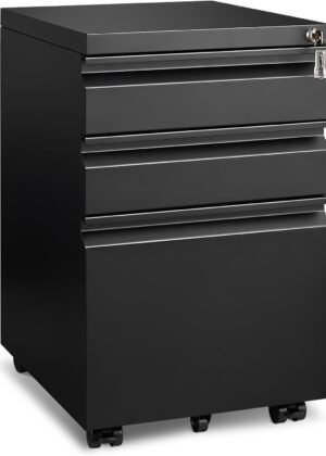 3-Drawer Black Mobile File Cabinet with Lock
