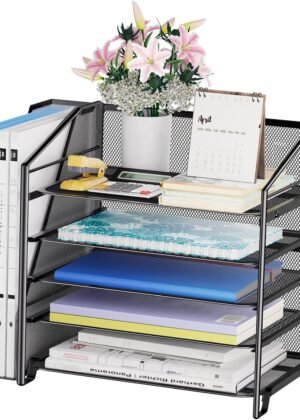 5-Tier Black Mesh Paper Tray Organizer with File Holder