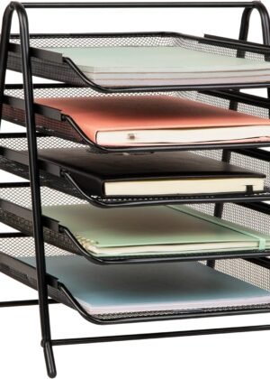 5-Tier Black Metal Mesh Paper Tray Organizer