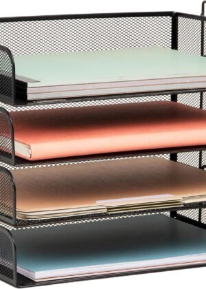 4-Pack Black Metal Mesh Stackable Paper Trays