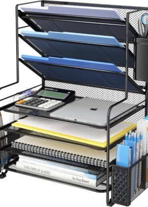 7-Tier Black Mesh Desk Organizer with Pen Holder & Basket