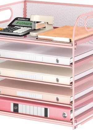 5-Tray Pink Mesh Paper Organizer with Handle